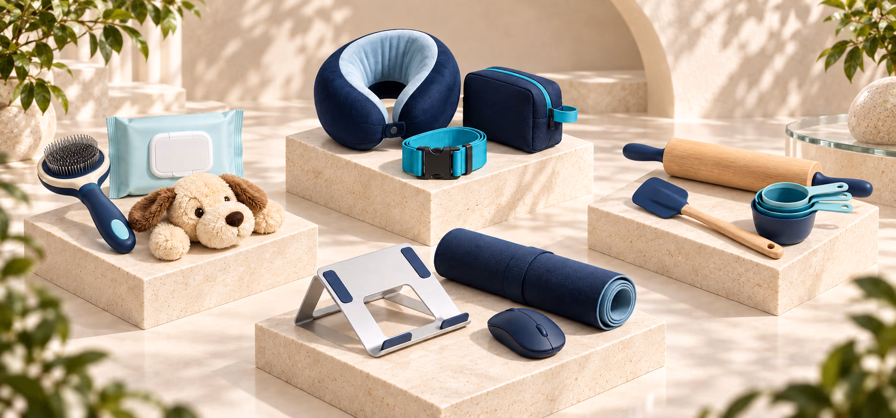 Pet-care, travel, home-office, and baking products arranged as four complementary bundles